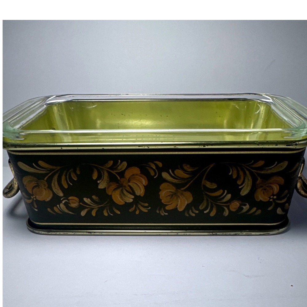 Pyrex Loaf Pan 213 with Floral Metal Cradle Green Gold Vintage Glass Good 1.5QT